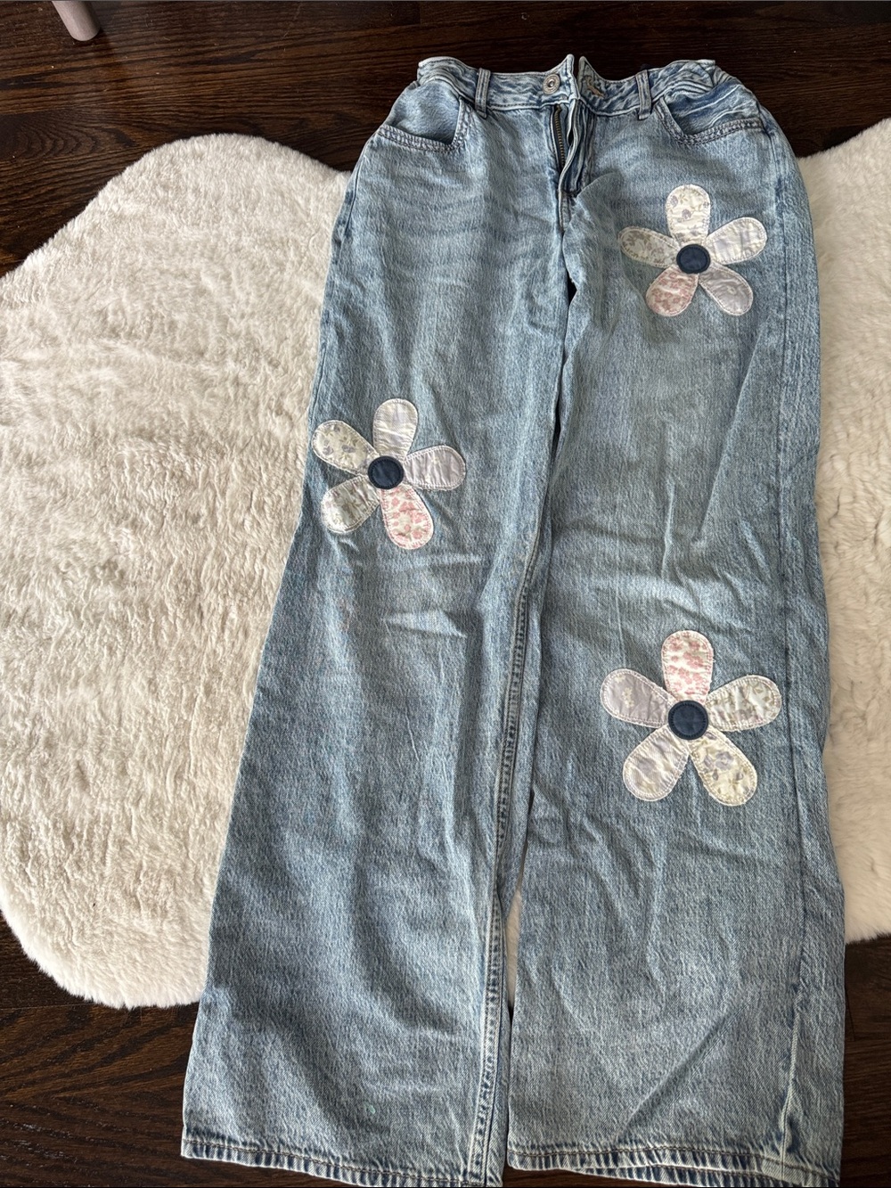 Abercrombie kids Light Blue Floral Patchwork low rise baggy jeans